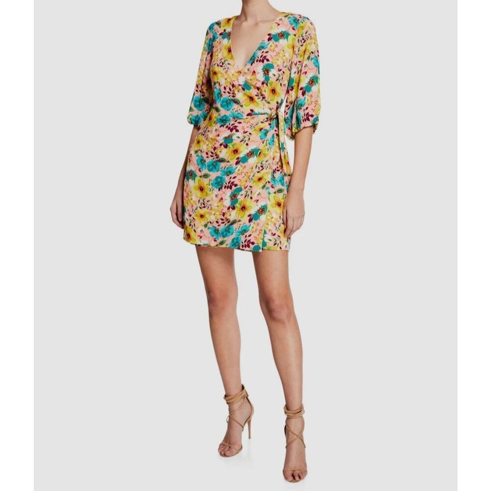Aidan Mattox‎ Wrap Mini Dress Womens 6 Bold Floral Pink Yellow Baddie Designer